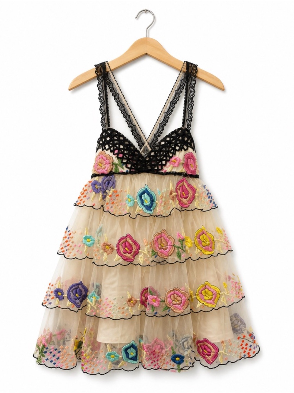 Free People Embroidered Beige Tiered Floral Dress with Black Lace Straps